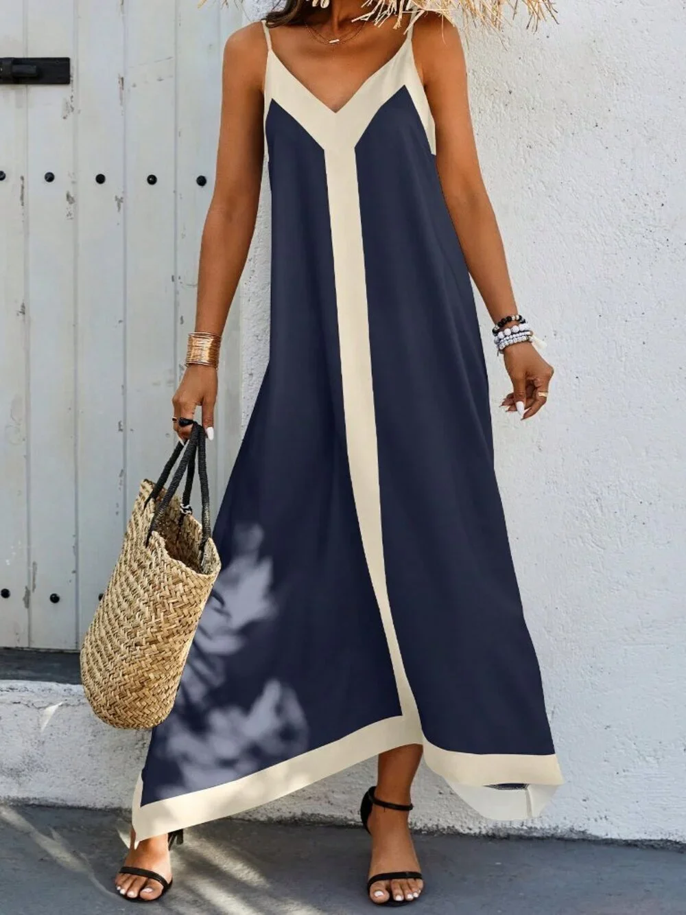 Navy Blue Casual Women's Panel Cami Strap Long Dress